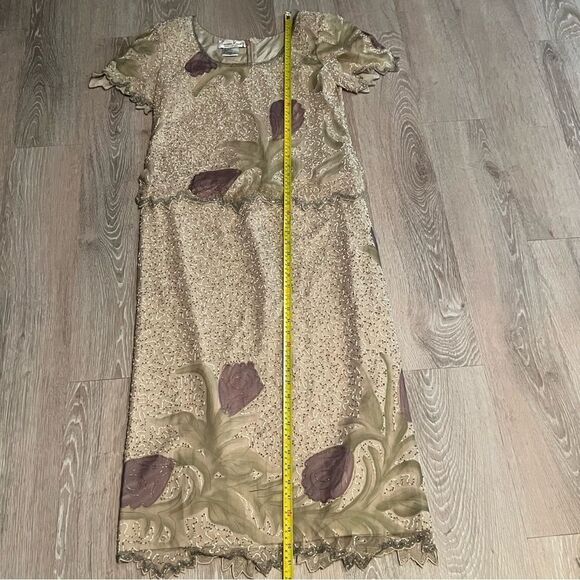 Lawrence Kazar Beaded Silk Dress Ivory Lavender Floral Scallop Short Sleeve 8 P - Picture 10 of 15